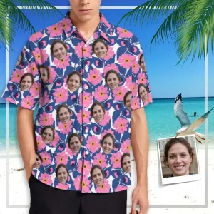 Custom Face Beautiful Pink Flowers Pocket Hawaiian Shirt Men Front Pocket Beach Shortsleeve Pocket Hawaiian Shirt Boyfriend Gift For Him