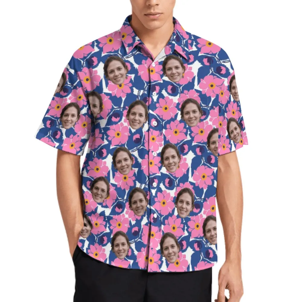Custom Face Beautiful Pink Flowers Pocket Hawaiian Shirt Men Front Pocket Beach Shortsleeve Pocket Hawaiian Shirt Boyfriend Gift For Him