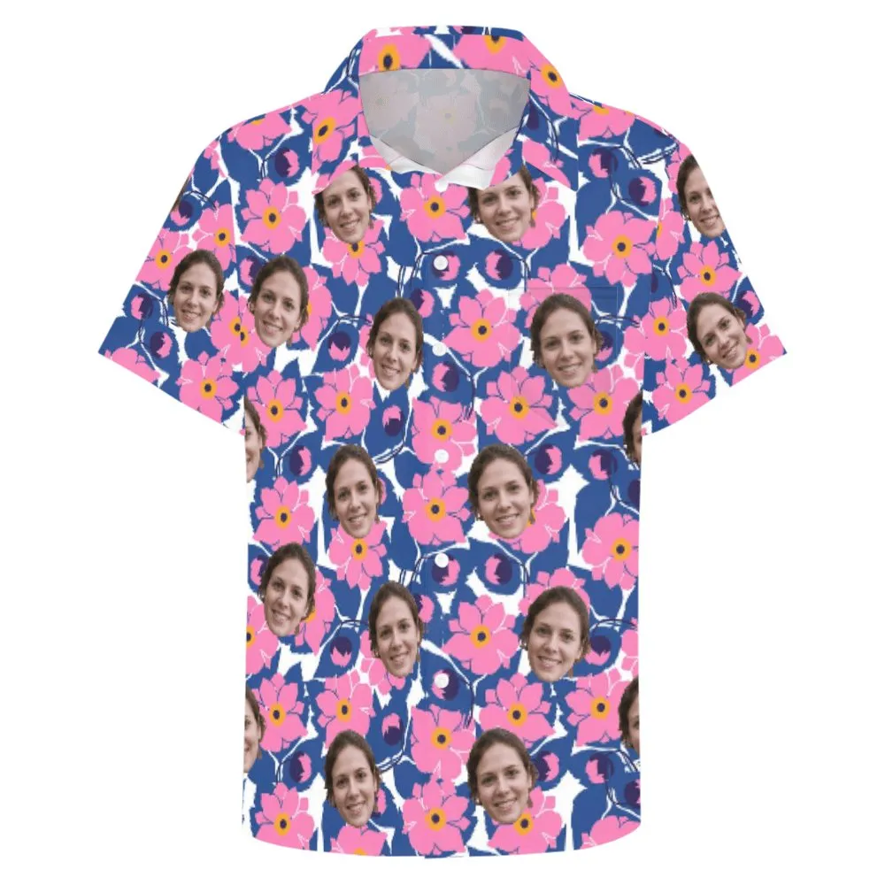 Custom Face Beautiful Pink Flowers Pocket Hawaiian Shirt Men Front Pocket Beach Shortsleeve Pocket Hawaiian Shirt Boyfriend Gift For Him