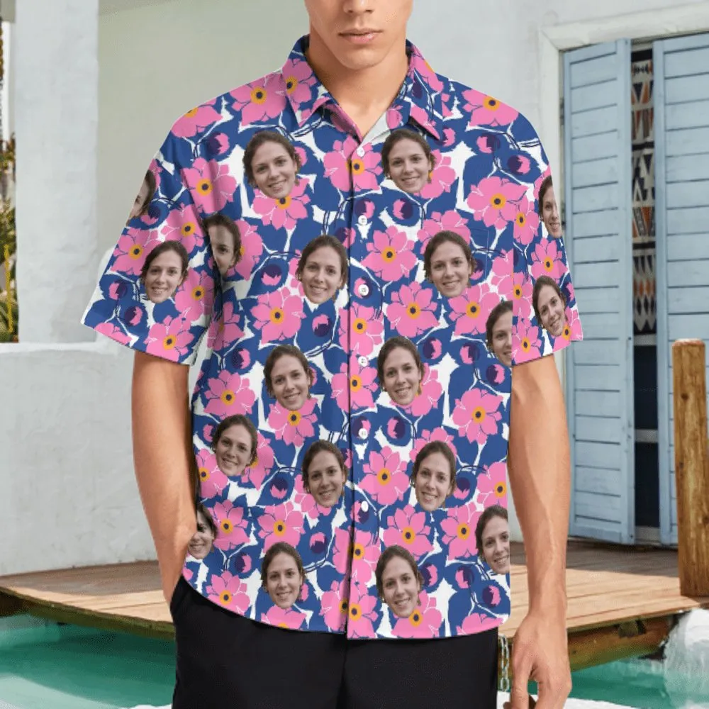 Custom Face Beautiful Pink Flowers Pocket Hawaiian Shirt Men Front Pocket Beach Shortsleeve Pocket Hawaiian Shirt Boyfriend Gift For Him