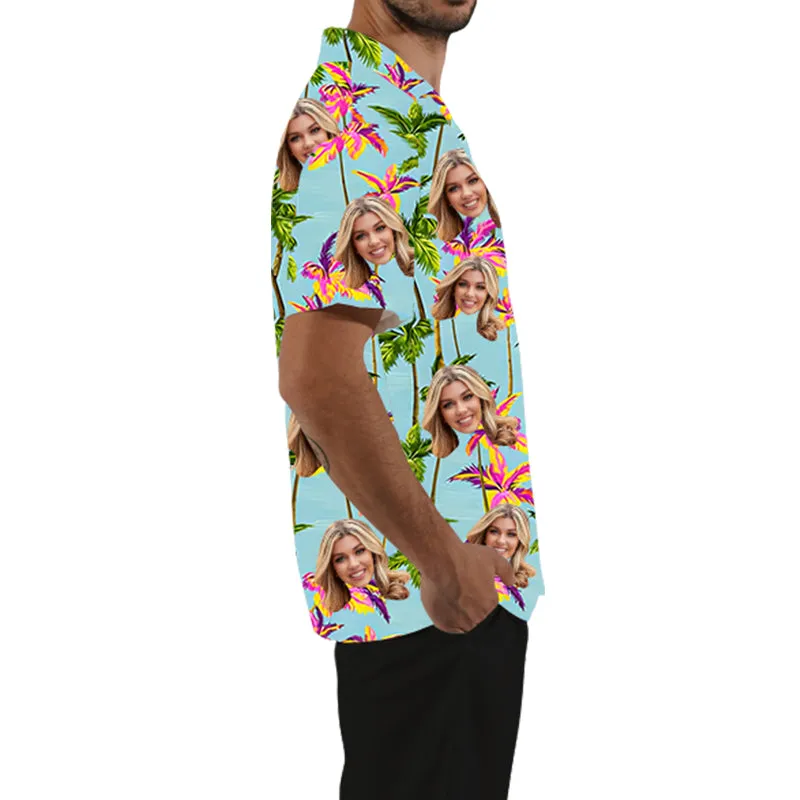 Custom Face Hawaiian Shirt with Vibrant Palm Tree Design Personalized Tropical Man’s Aloha Shirt Vacation Outfit