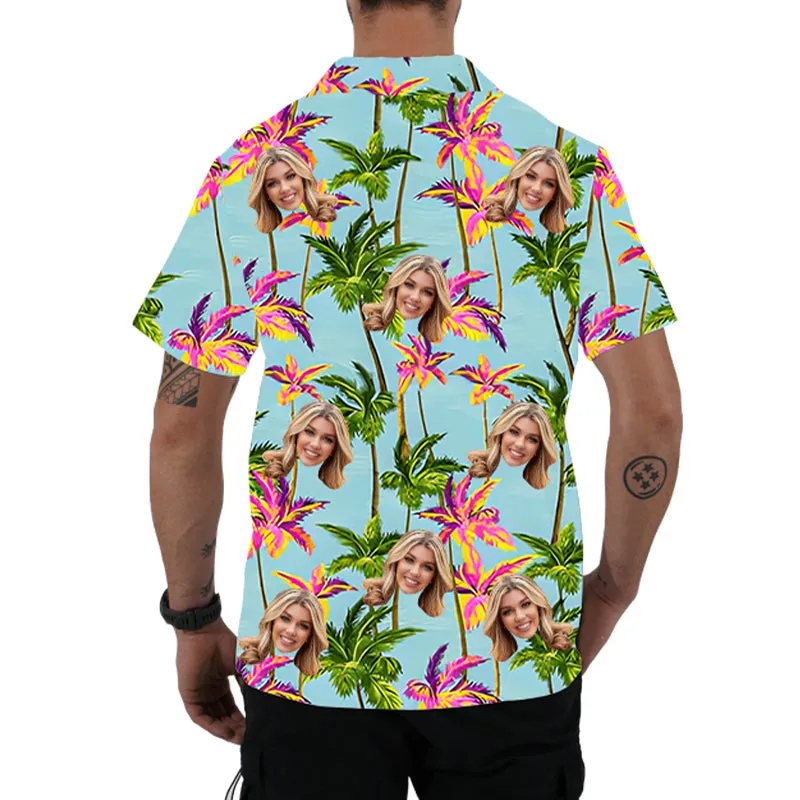 Custom Face Hawaiian Shirt with Vibrant Palm Tree Design Personalized Tropical Man’s Aloha Shirt Vacation Outfit