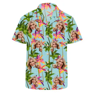 Custom Face Hawaiian Shirt with Vibrant Palm Tree Design Personalized Tropical Man’s Aloha Shirt Vacation Outfit