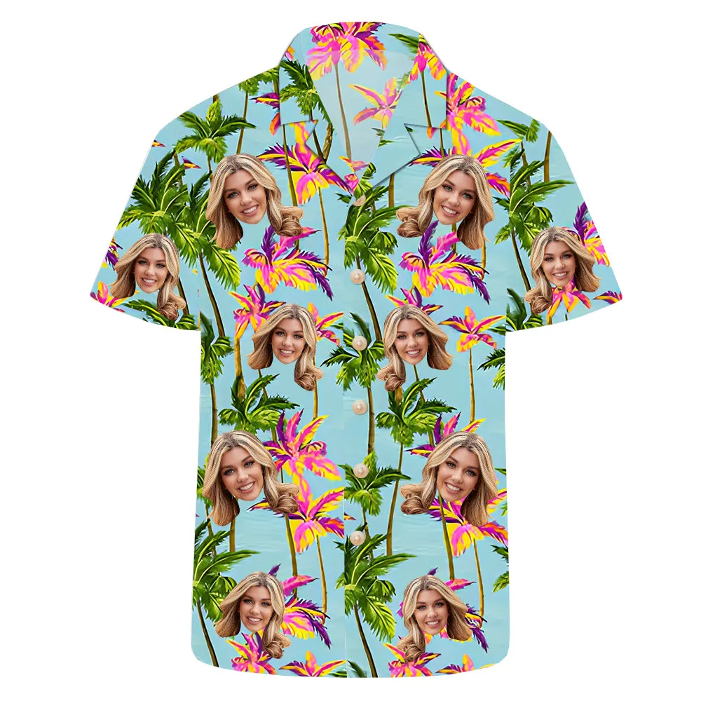 Custom Face Hawaiian Shirt with Vibrant Palm Tree Design Personalized Tropical Man’s Aloha Shirt Vacation Outfit