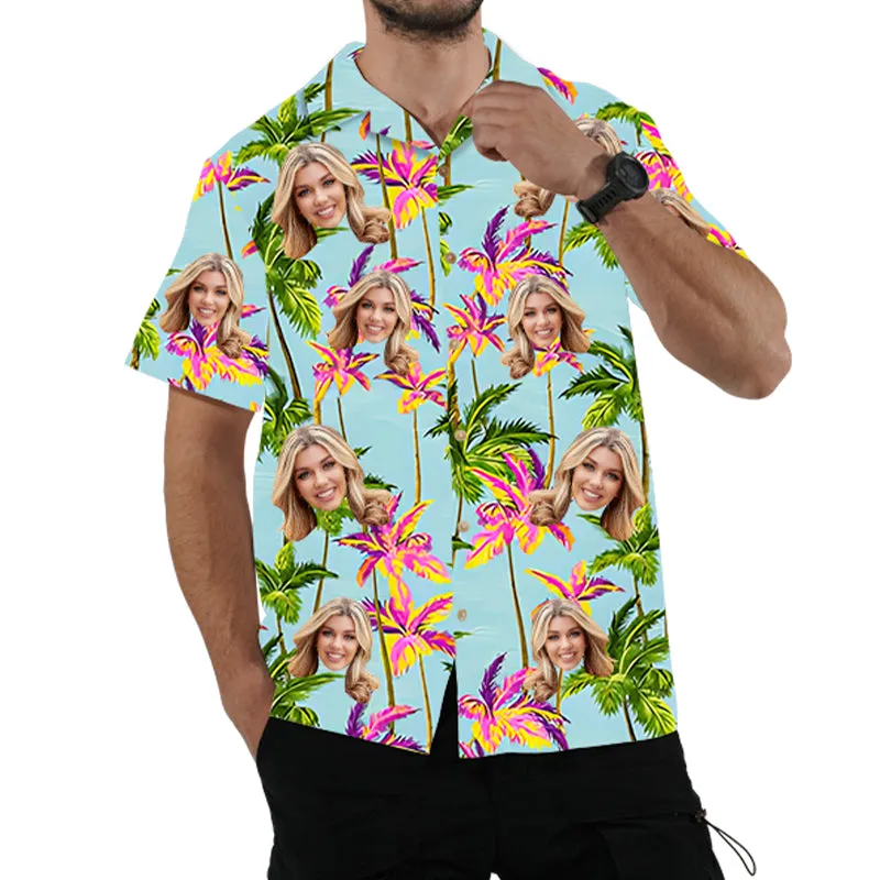Custom Face Hawaiian Shirt with Vibrant Palm Tree Design Personalized Tropical Man’s Aloha Shirt Vacation Outfit