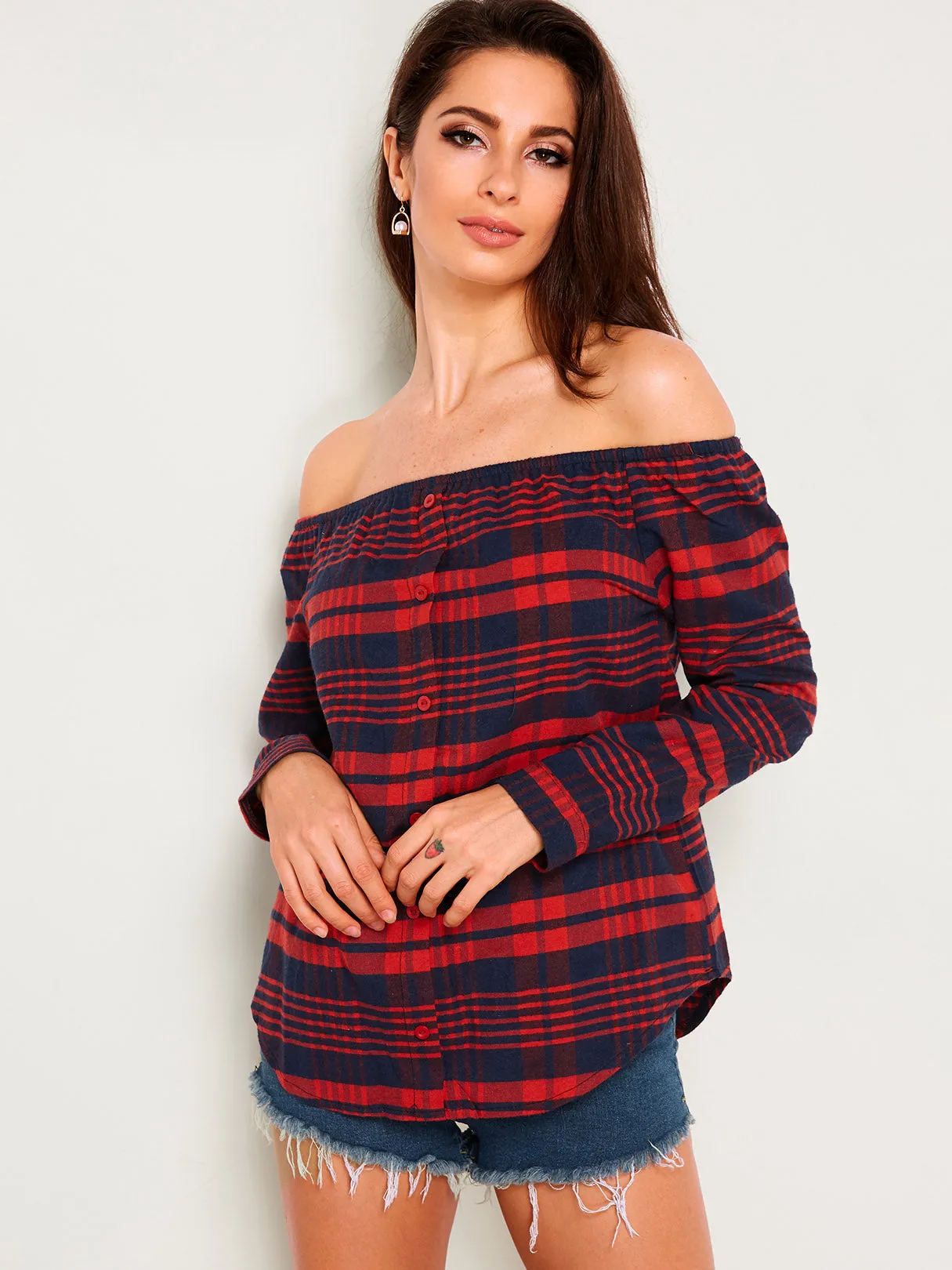 Custom Off The Shoulder Stripe Long Sleeve Irregular Hem Red T-Shirts