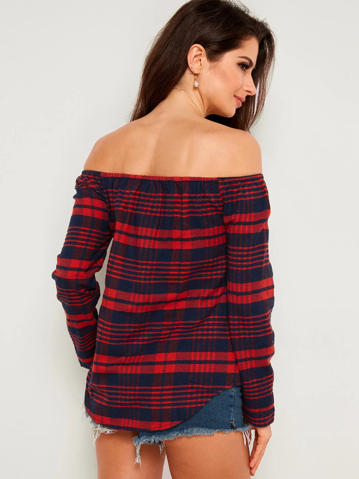 Custom Off The Shoulder Stripe Long Sleeve Irregular Hem Red T-Shirts