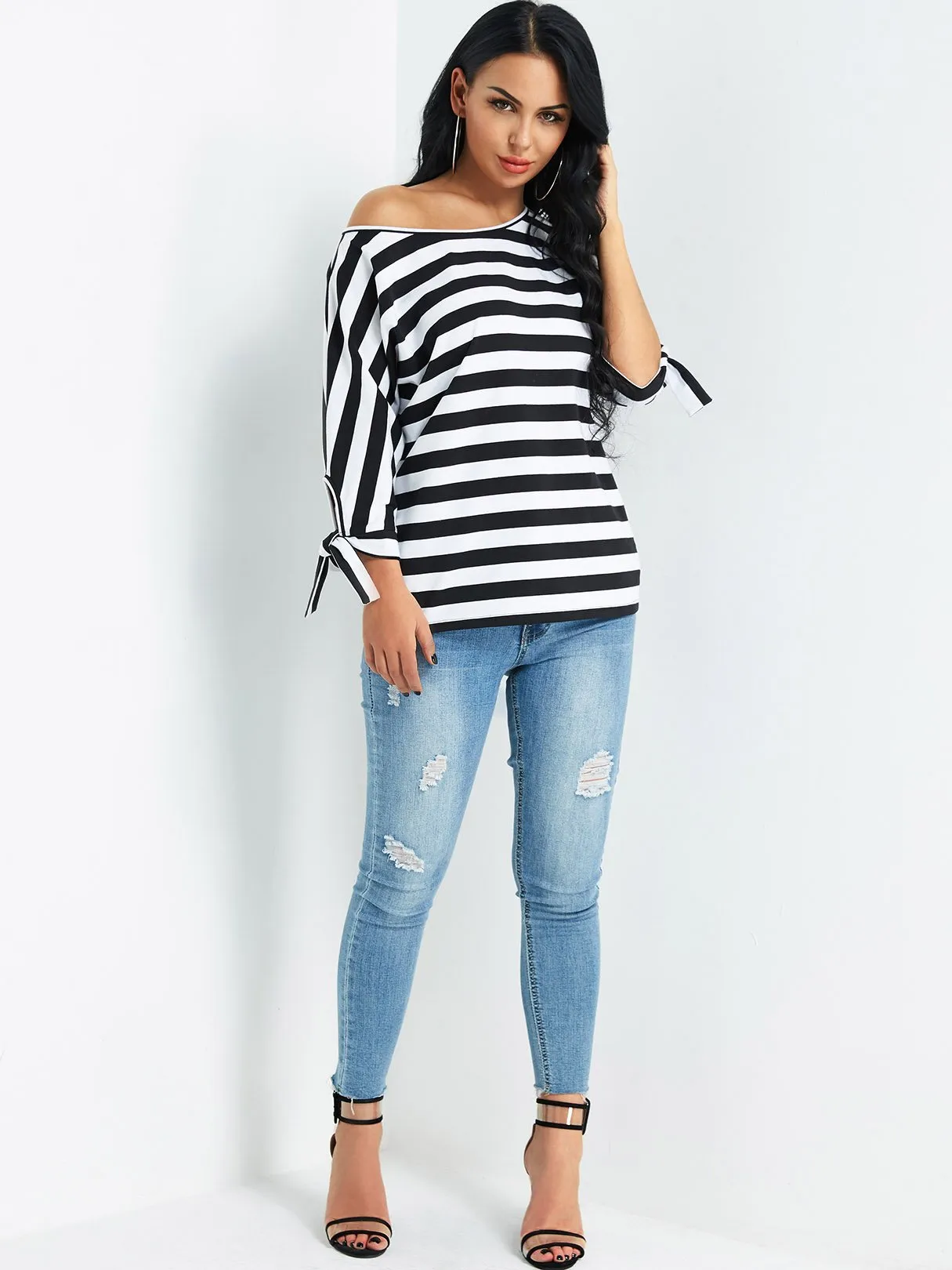 Custom One Shoulder Stripe 3/4 Sleeve Top