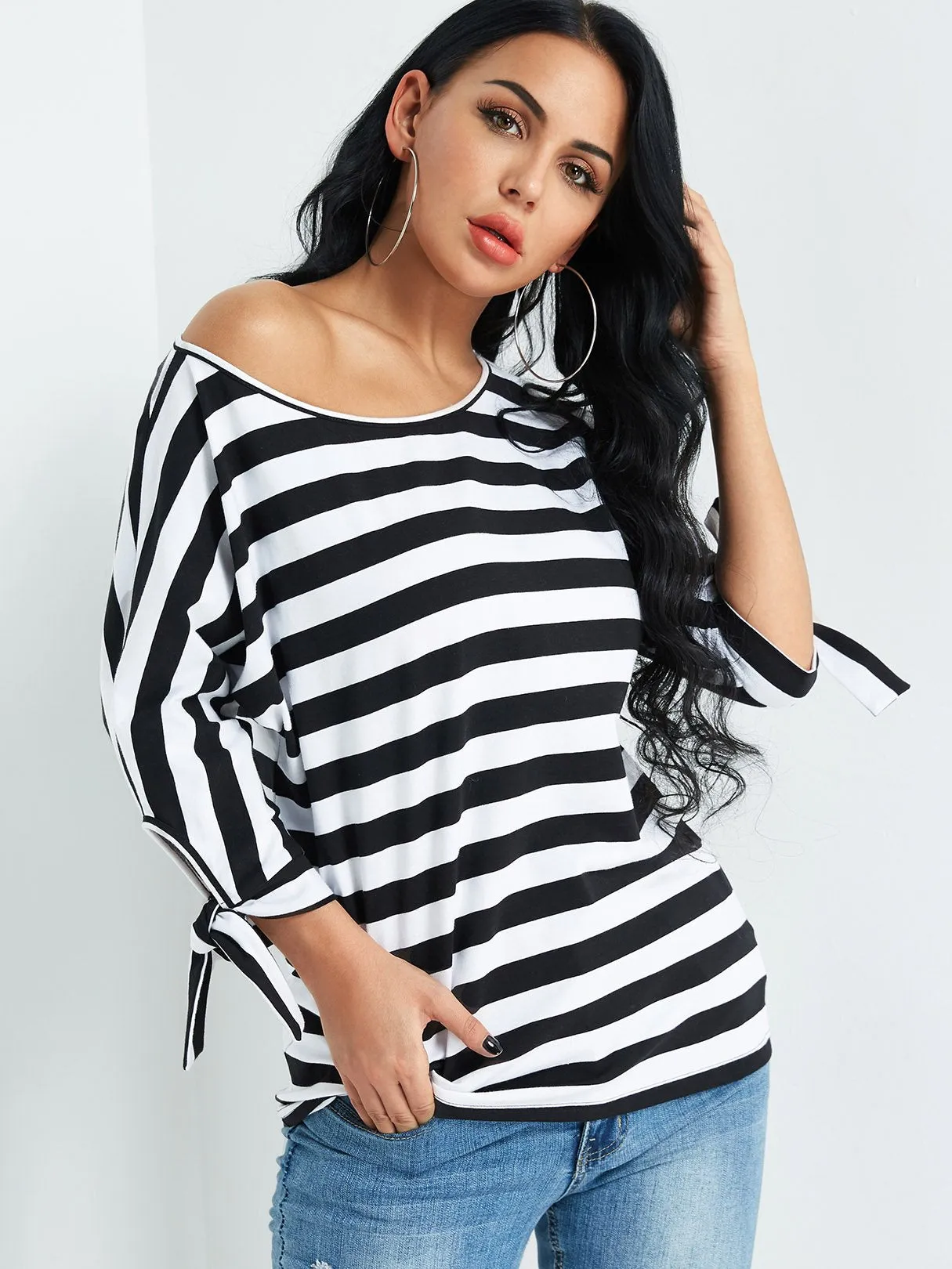 Custom One Shoulder Stripe 3/4 Sleeve Top