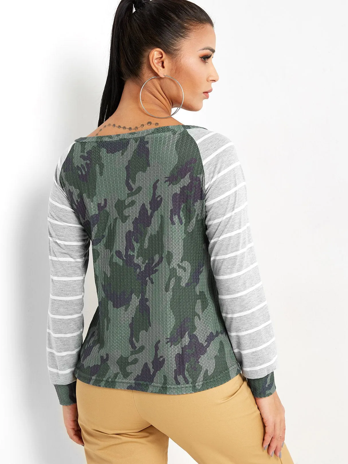 Custom Round Neck One Shoulder Stripe Camouflage Long Sleeve Green T-Shirts
