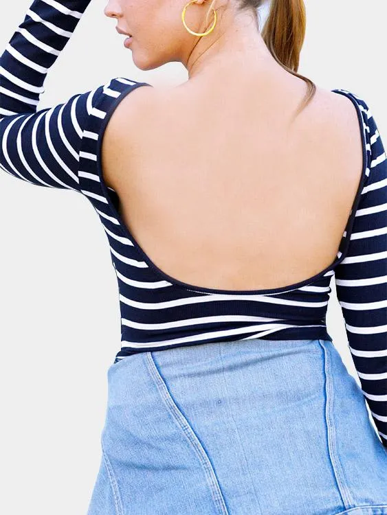 Custom Round Neck Stripe Backless Long Sleeve Navy T-Shirts