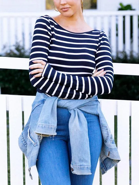Custom Round Neck Stripe Backless Long Sleeve Navy T-Shirts
