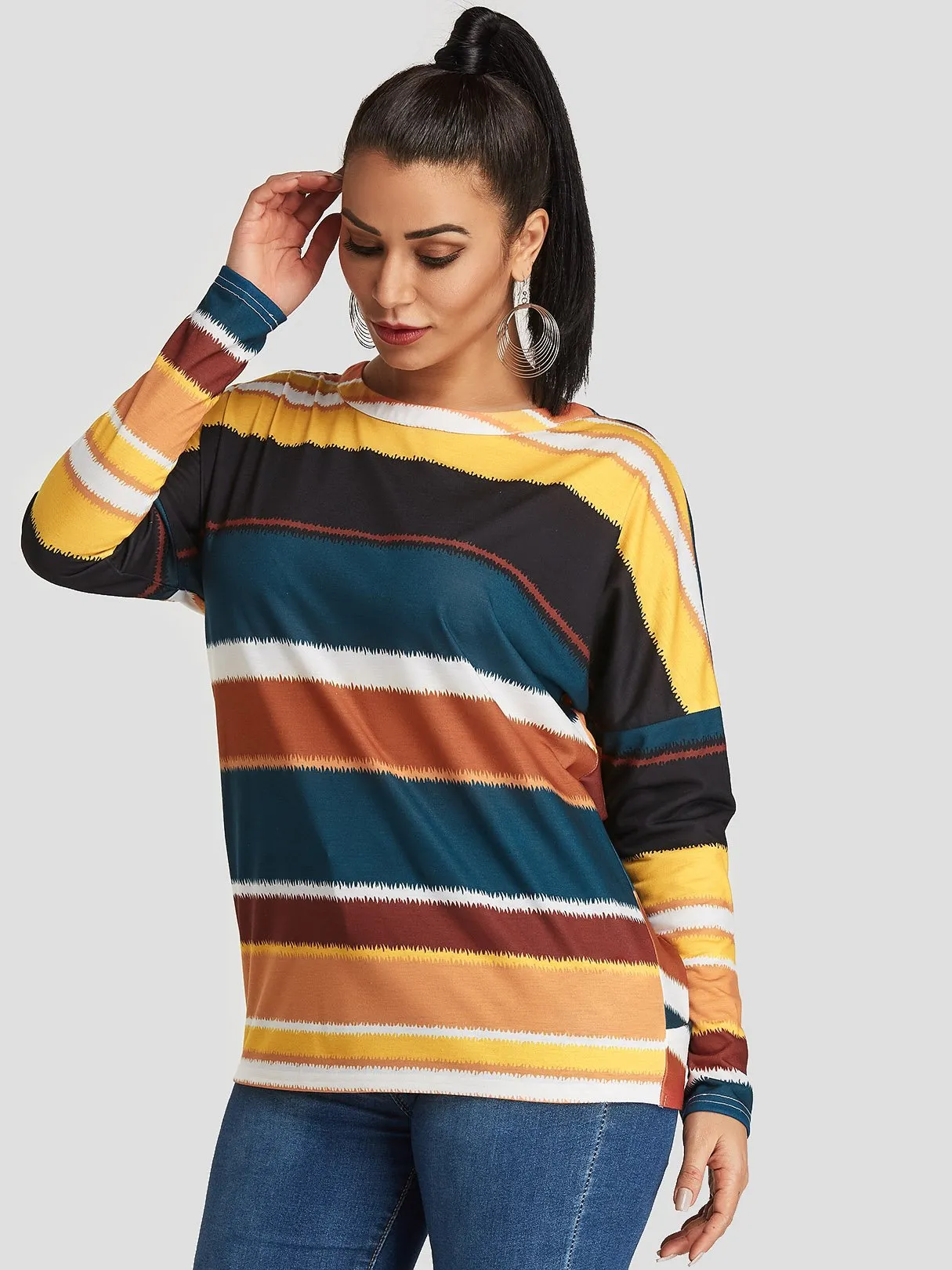 Custom Round Neck Stripe Backless Long Sleeve T-Shirts