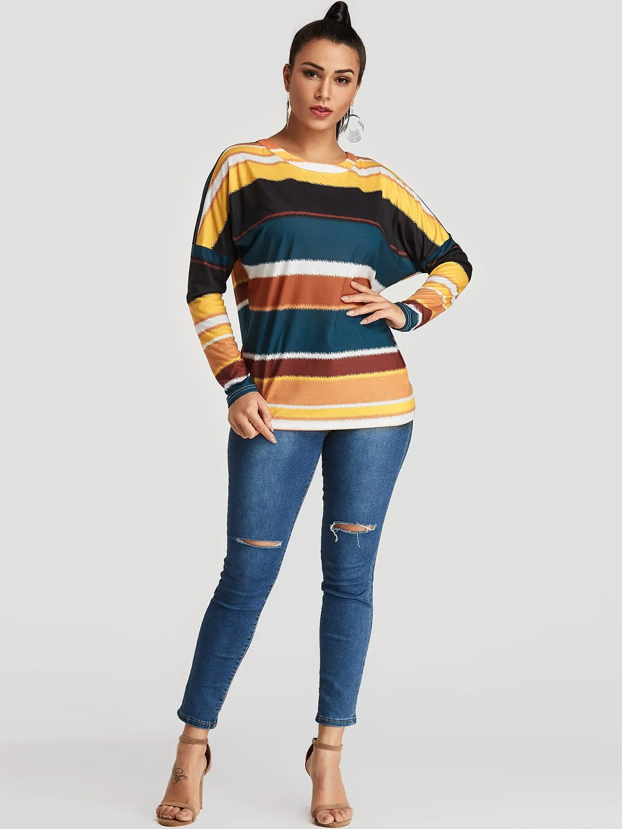 Custom Round Neck Stripe Backless Long Sleeve T-Shirts