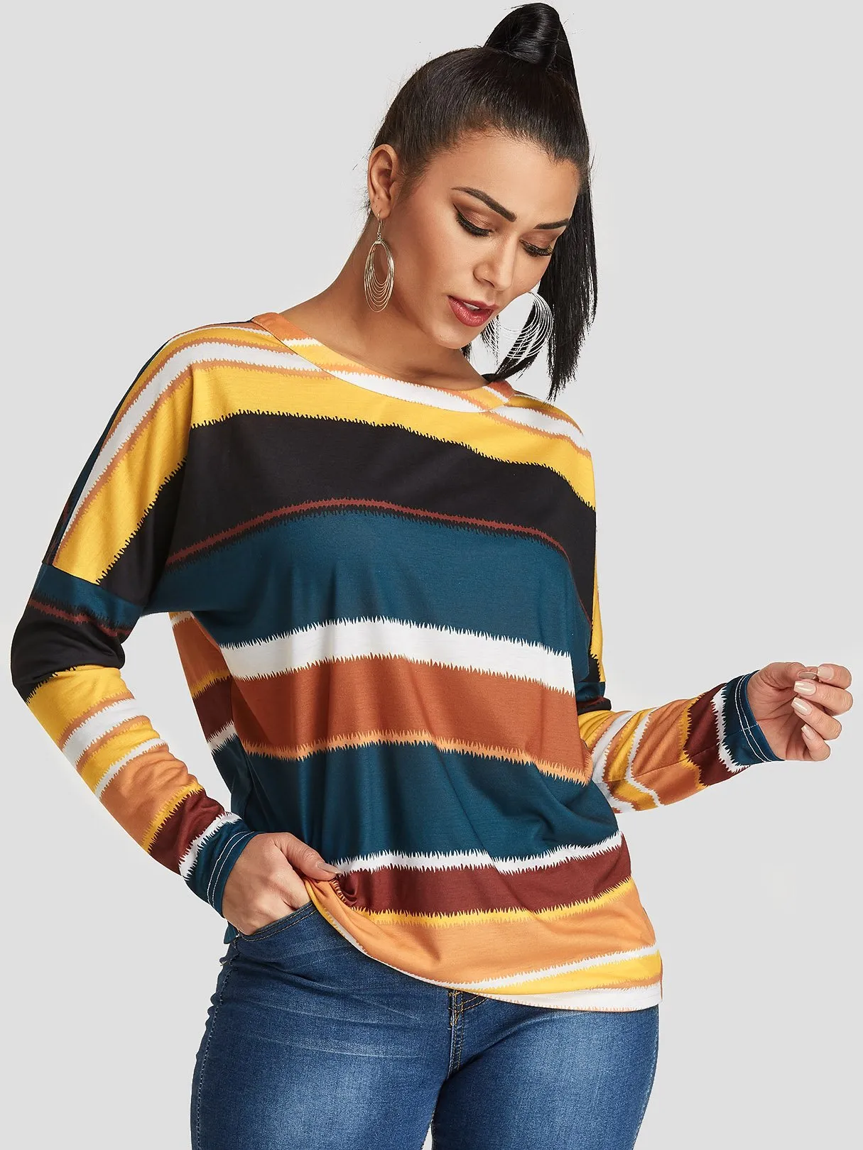 Custom Round Neck Stripe Backless Long Sleeve T-Shirts