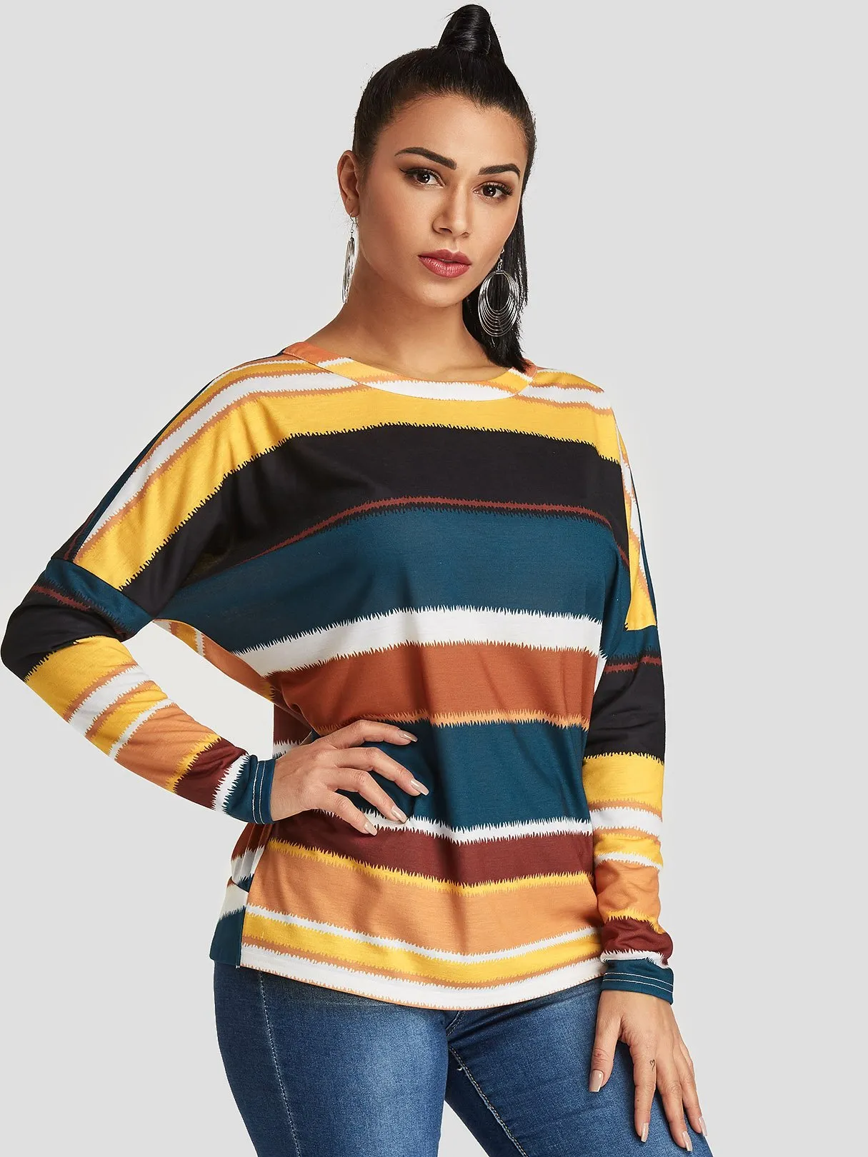 Custom Round Neck Stripe Backless Long Sleeve T-Shirts