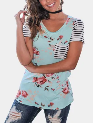 Custom Round Neck Stripe Floral Print Short Sleeve Fashion T-Shirt