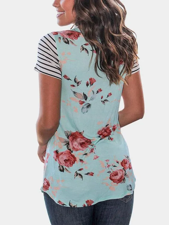 Custom Round Neck Stripe Floral Print Short Sleeve Fashion T-Shirt