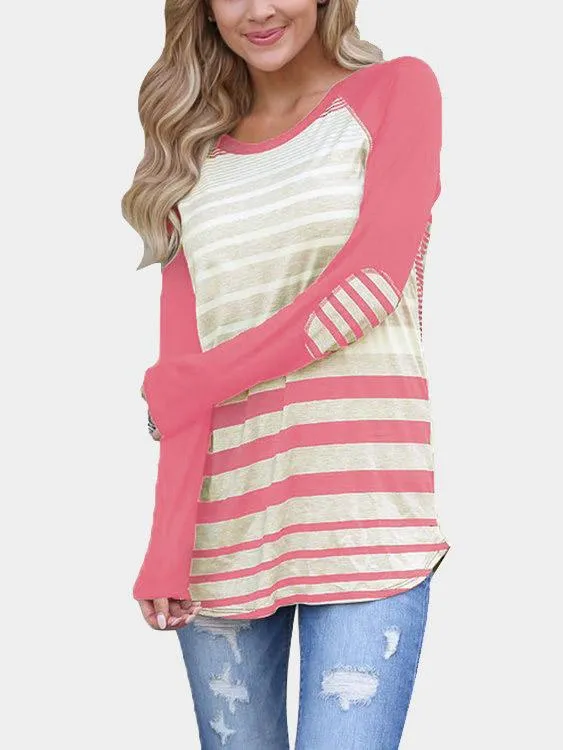 Custom Round Neck Stripe Long Sleeve Curved Hem T-Shirt
