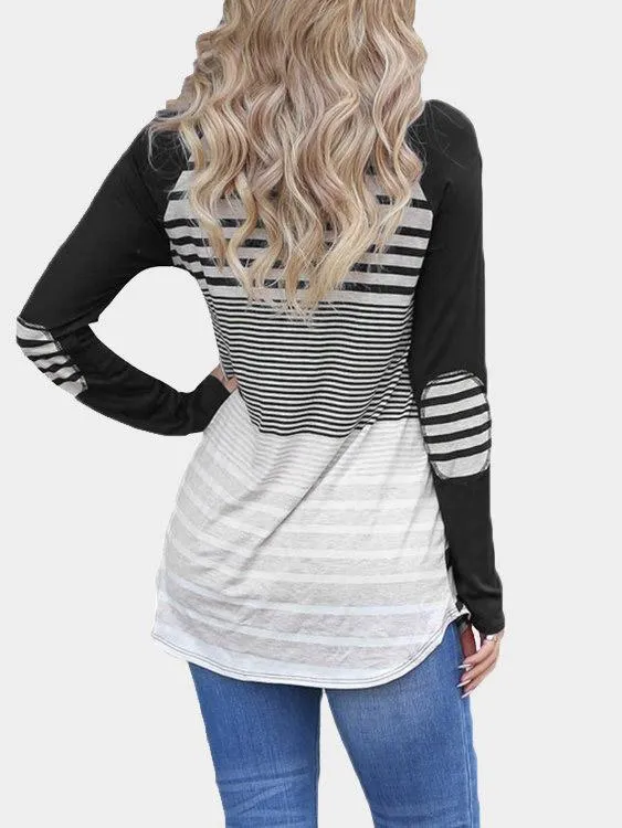 Custom Round Neck Stripe Long Sleeve Curved Hem T-Shirt