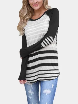 Custom Round Neck Stripe Long Sleeve Curved Hem T-Shirt