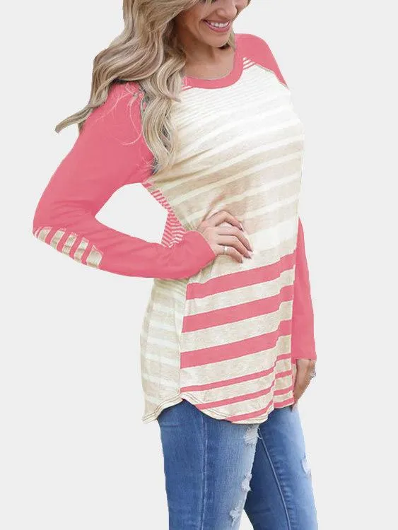 Custom Round Neck Stripe Long Sleeve Curved Hem T-Shirt