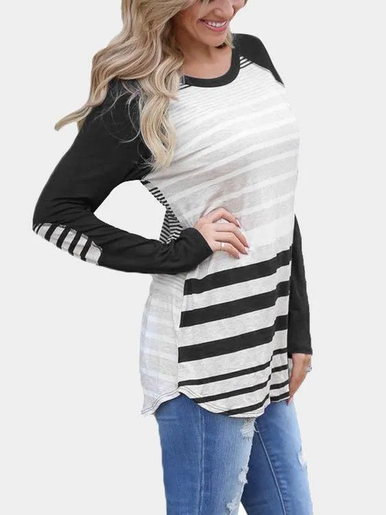 Custom Round Neck Stripe Long Sleeve Curved Hem T-Shirt