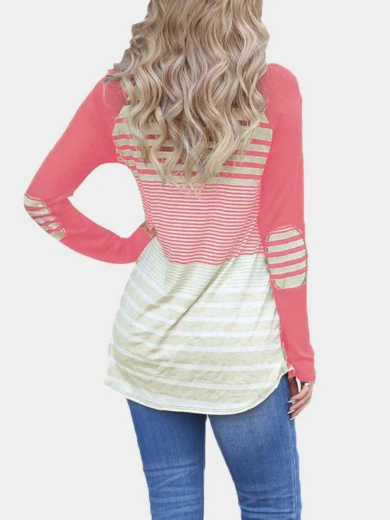 Custom Round Neck Stripe Long Sleeve Curved Hem T-Shirt