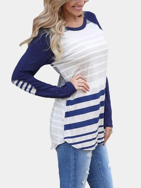 Custom Round Neck Stripe Long Sleeve Curved Hem T-Shirt