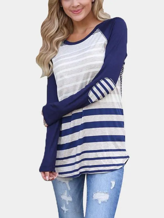 Custom Round Neck Stripe Long Sleeve Curved Hem T-Shirt