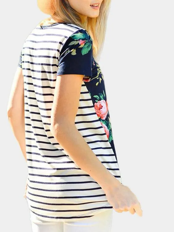Custom Round Neck Stripe Printed Short Sleeve Navy T-Shirts