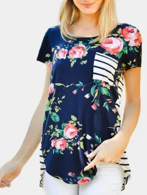 Custom Round Neck Stripe Printed Short Sleeve Navy T-Shirts