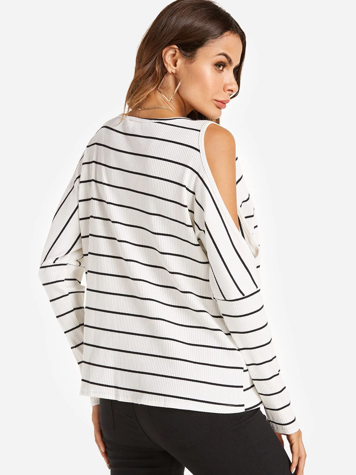 Custom V-Neck Cold Shoulder Stripe Long Sleeve T-Shirts