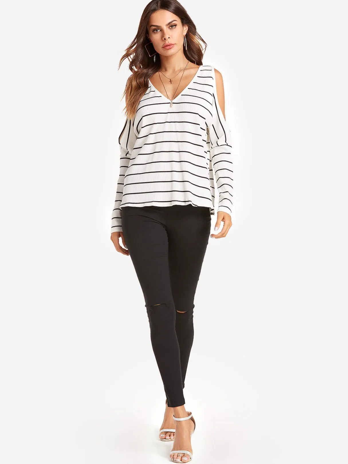 Custom V-Neck Cold Shoulder Stripe Long Sleeve T-Shirts
