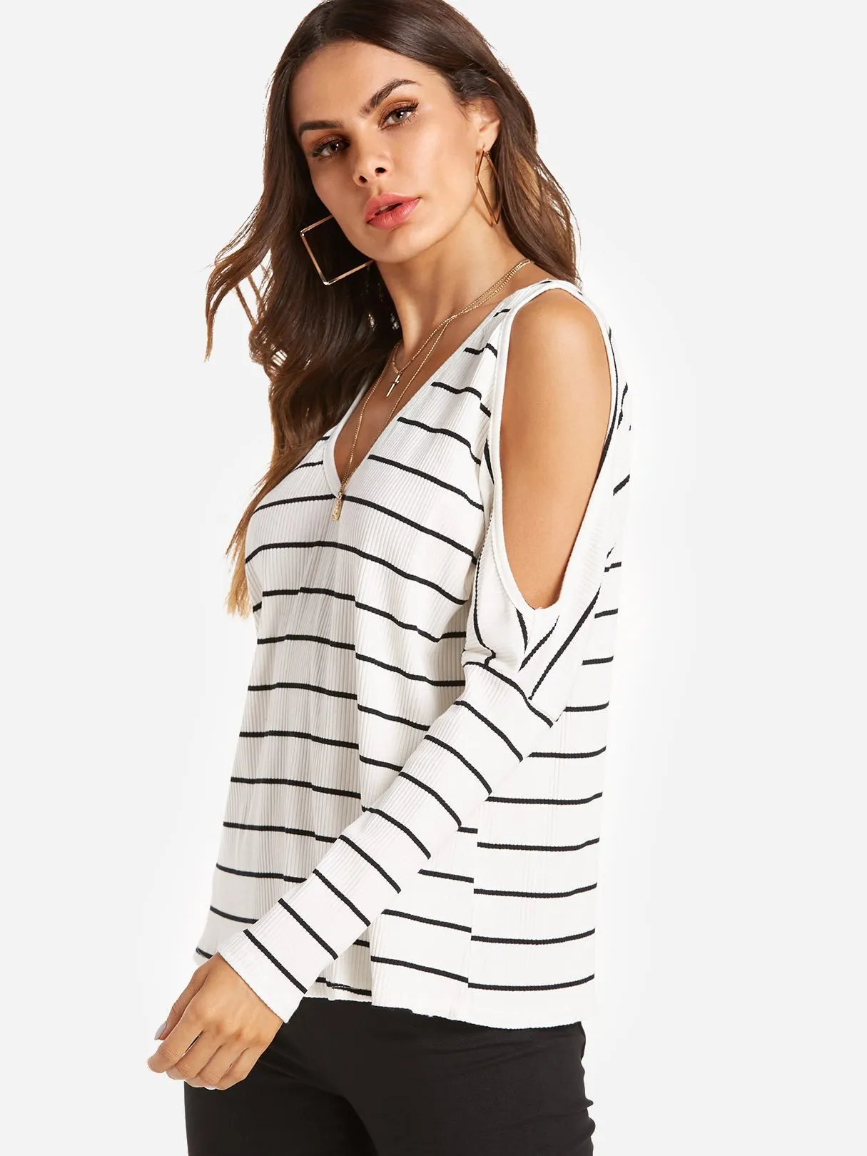 Custom V-Neck Cold Shoulder Stripe Long Sleeve T-Shirts