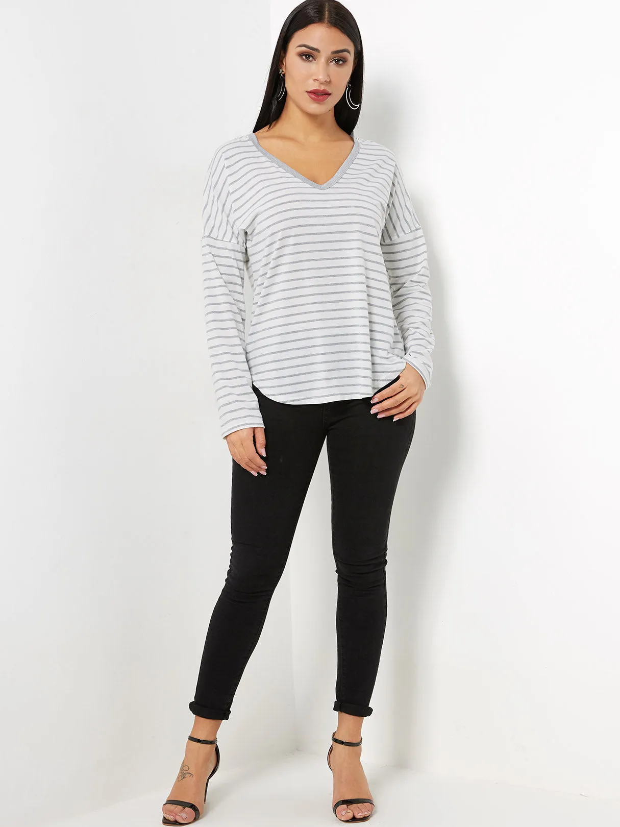 Custom V-Neck Stripe Hooded Long Sleeve High-Low Hem White T-Shirts