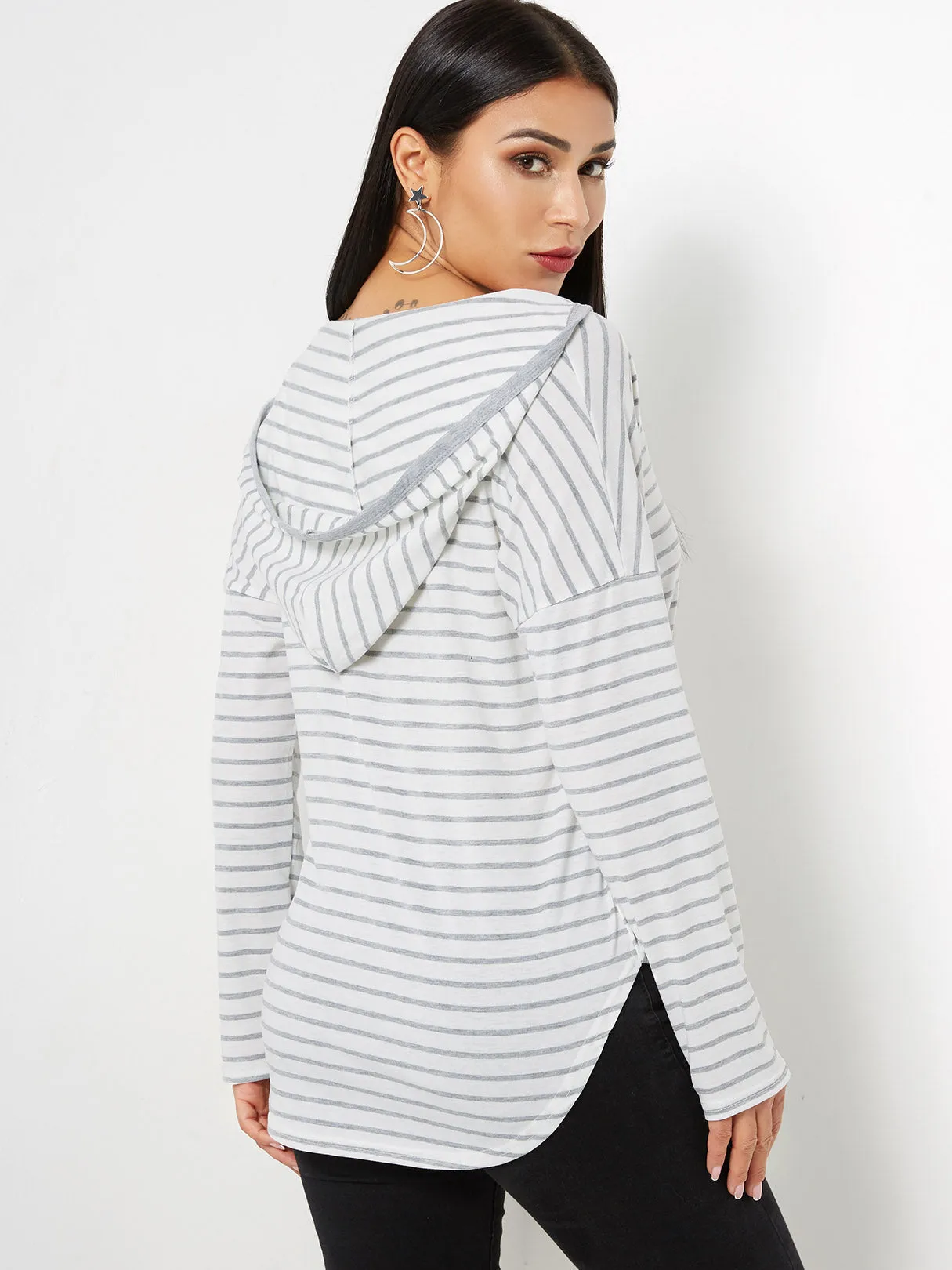 Custom V-Neck Stripe Hooded Long Sleeve High-Low Hem White T-Shirts