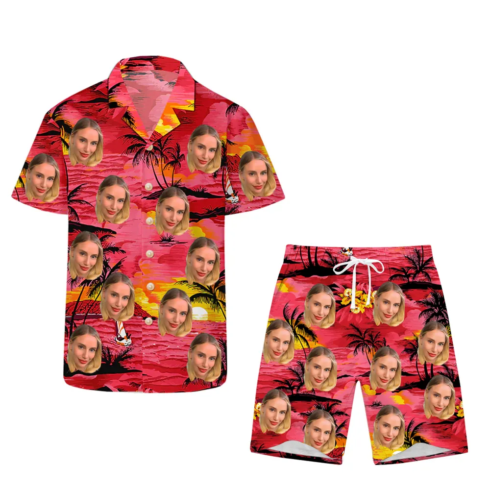 Customized Classic Red Hawaiian Short-Sleeved Shirt & Beach Shorts