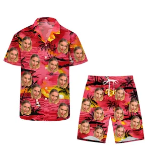Customized Classic Red Hawaiian Short-Sleeved Shirt & Beach Shorts