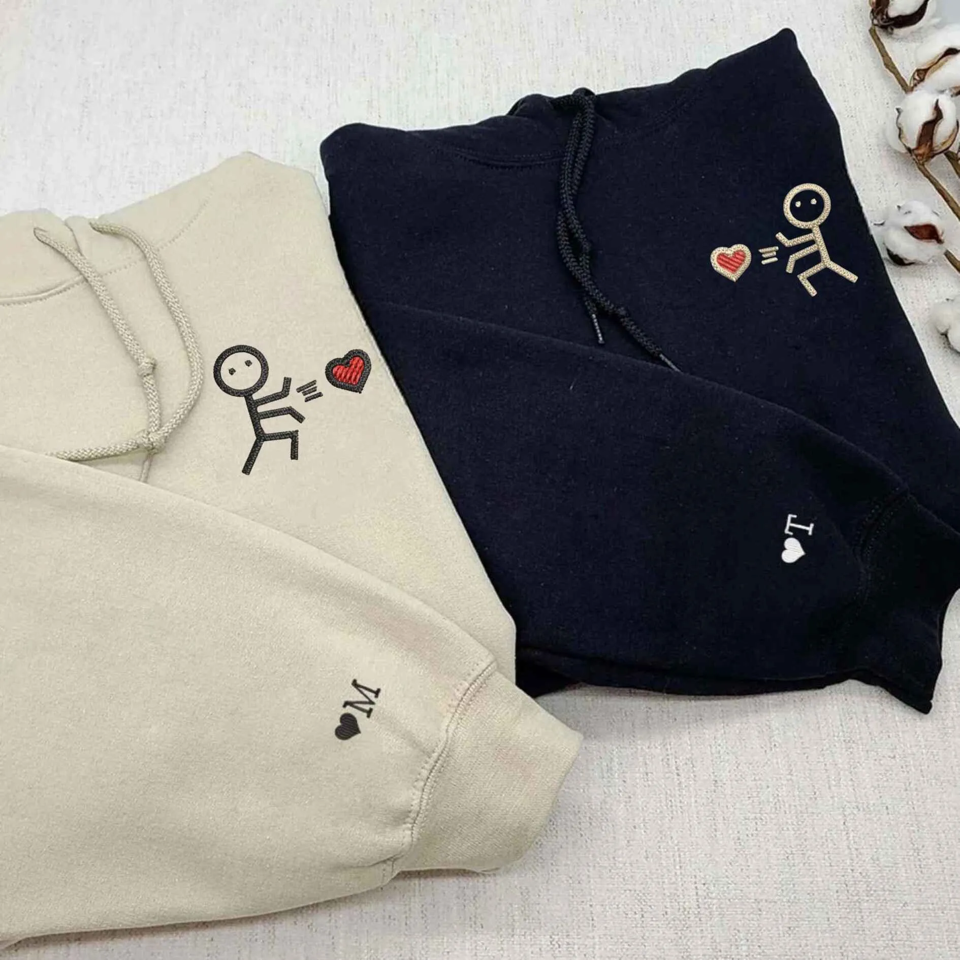 Cute Stick Figure Matching Couple Sweatshirts - Personalized Embroidered Sweatshirts For Couples