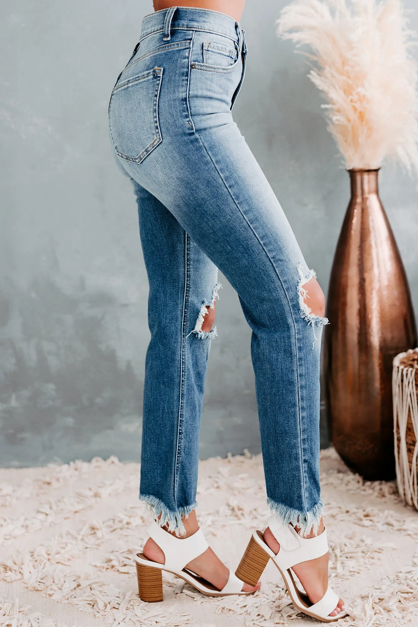 Cyrilla Sneak Peek High Rise Distressed Straight Leg Jeans (Medium Light)