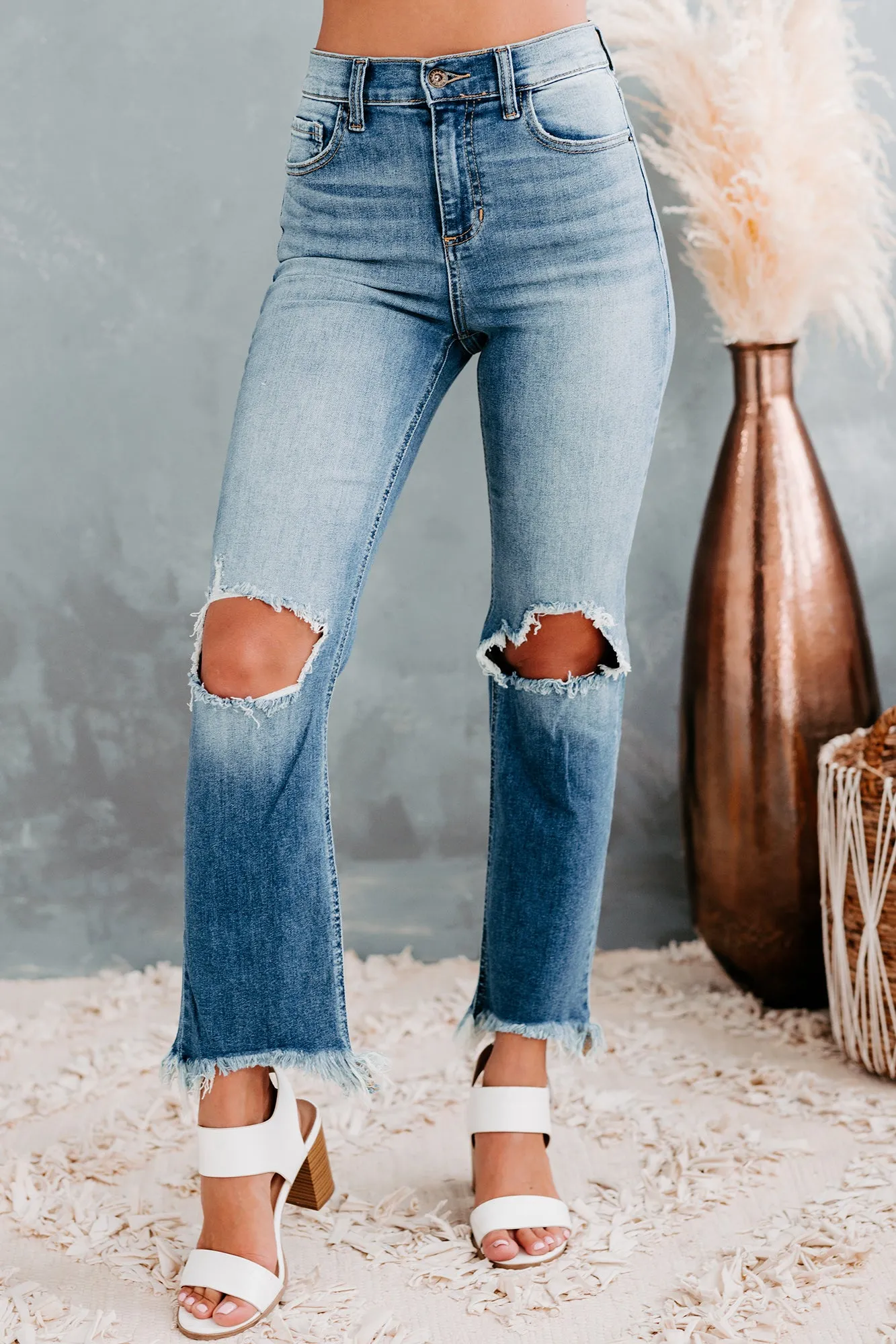 Cyrilla Sneak Peek High Rise Distressed Straight Leg Jeans (Medium Light)