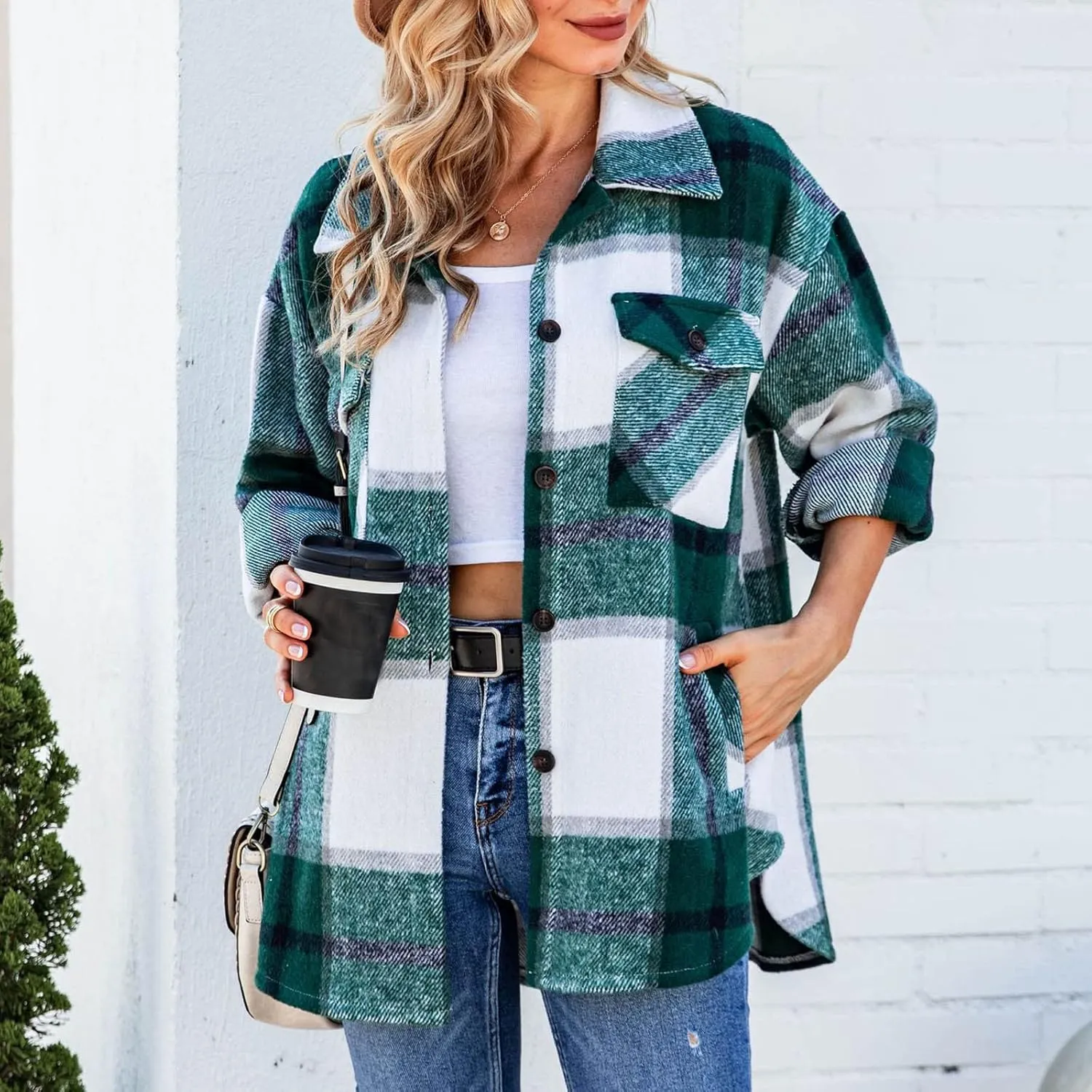DASAYO Women Casual Long Sleeve Plaid Flannel Shirts Fashion Button Blouse Top Wool Blend Flannel Shacket Jacket Fall 2022