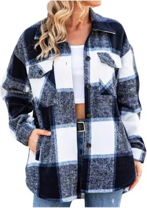 DASAYO Women Casual Long Sleeve Plaid Flannel Shirts Fashion Button Blouse Top Wool Blend Flannel Shacket Jacket Fall 2022