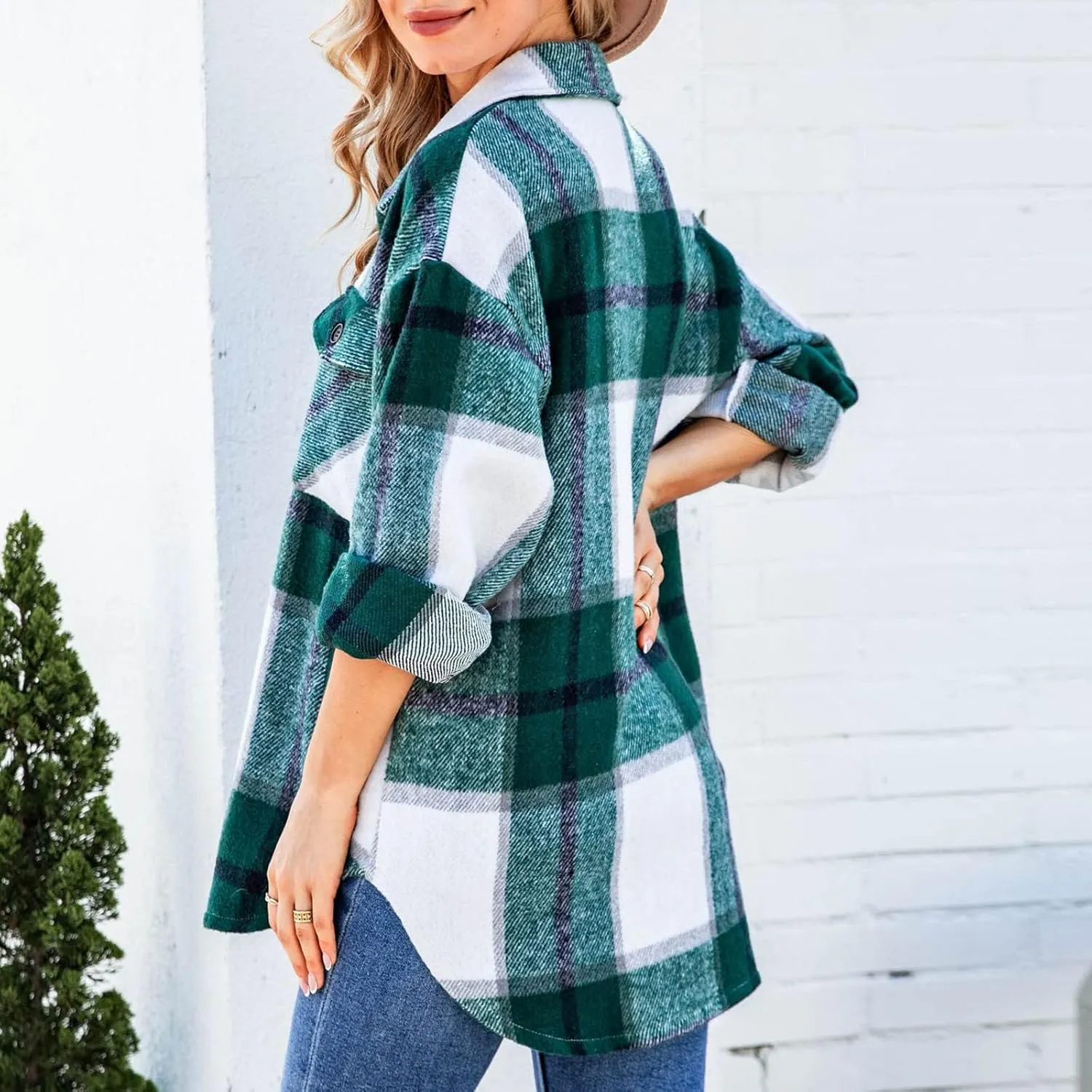 DASAYO Women Casual Long Sleeve Plaid Flannel Shirts Fashion Button Blouse Top Wool Blend Flannel Shacket Jacket Fall 2022