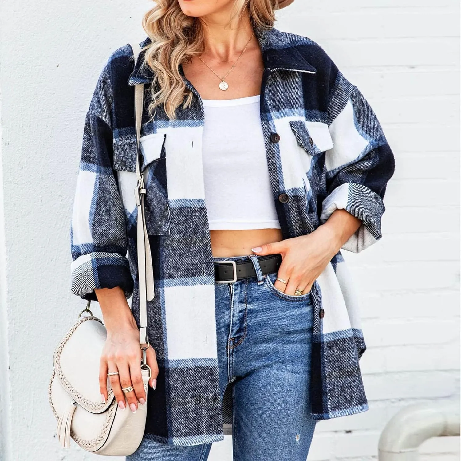 DASAYO Women Casual Long Sleeve Plaid Flannel Shirts Fashion Button Blouse Top Wool Blend Flannel Shacket Jacket Fall 2022