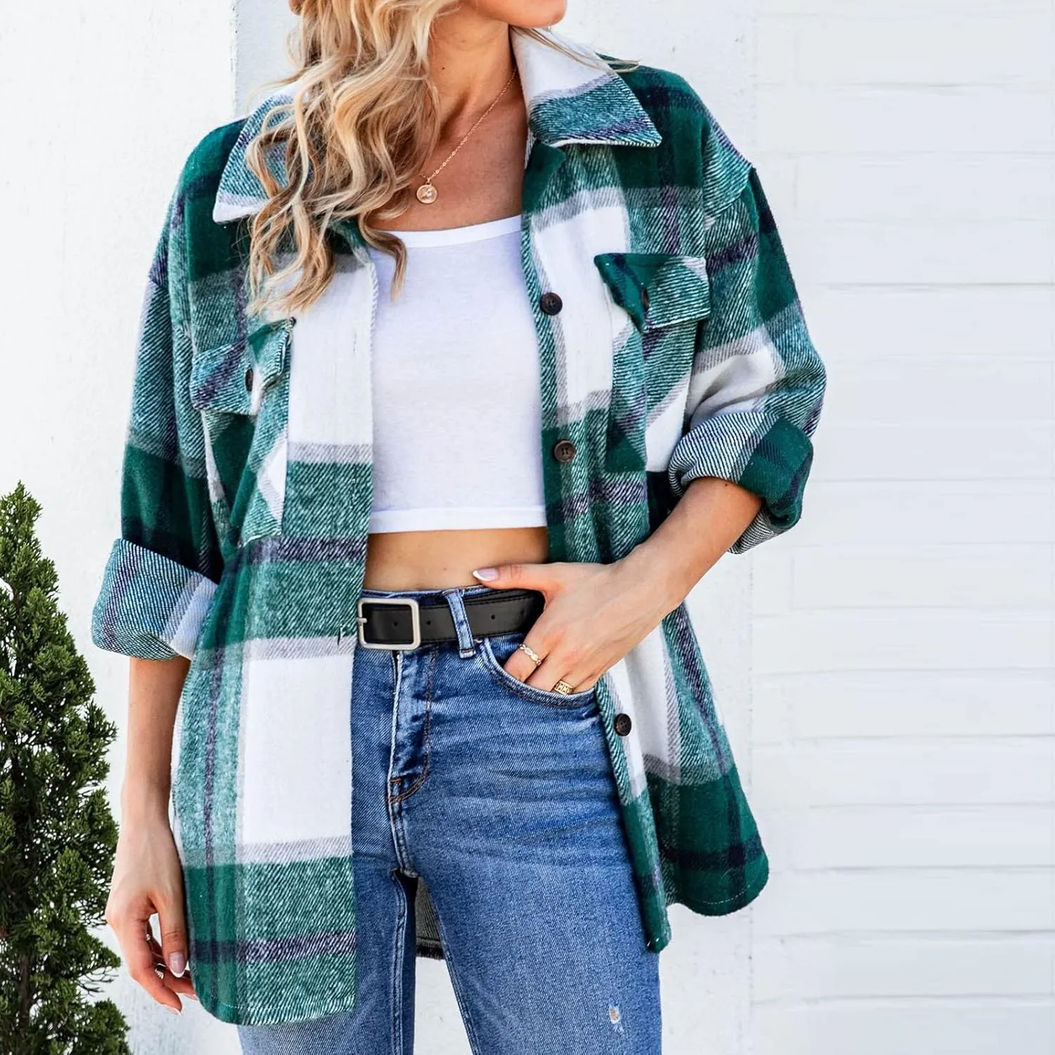DASAYO Women Casual Long Sleeve Plaid Flannel Shirts Fashion Button Blouse Top Wool Blend Flannel Shacket Jacket Fall 2022