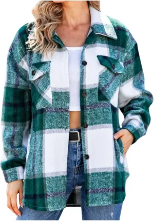 DASAYO Women Casual Long Sleeve Plaid Flannel Shirts Fashion Button Blouse Top Wool Blend Flannel Shacket Jacket Fall 2022
