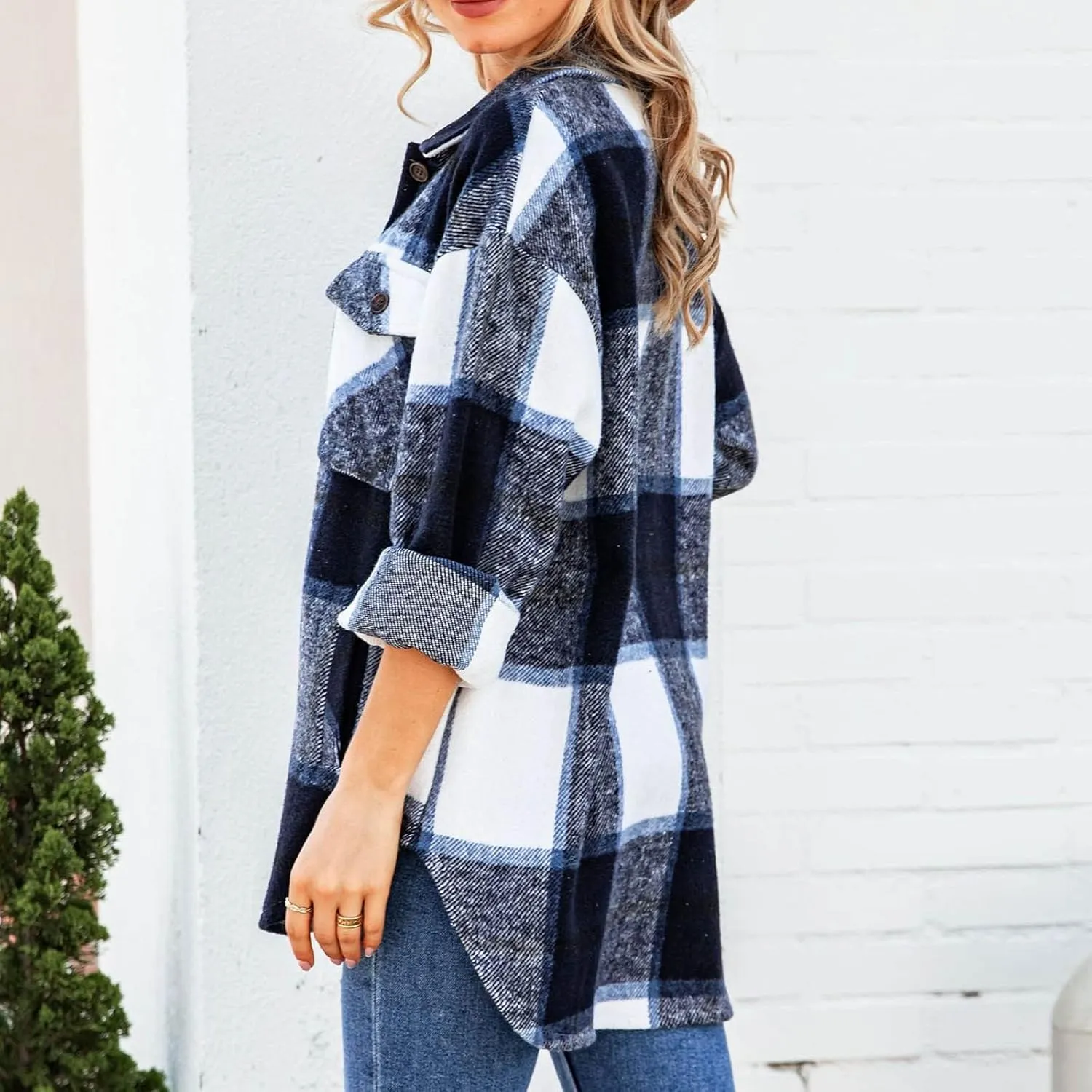 DASAYO Women Casual Long Sleeve Plaid Flannel Shirts Fashion Button Blouse Top Wool Blend Flannel Shacket Jacket Fall 2022