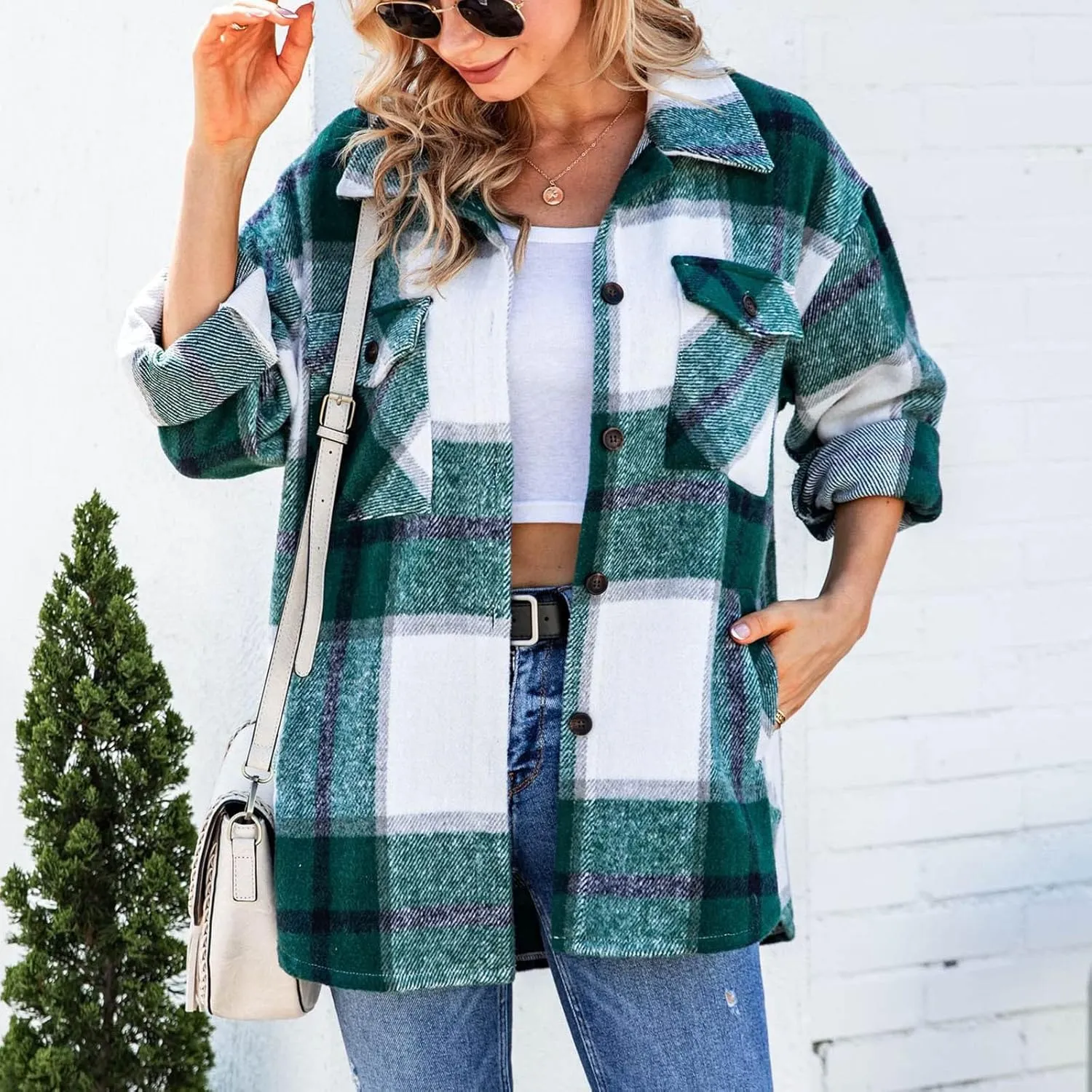 DASAYO Women Casual Long Sleeve Plaid Flannel Shirts Fashion Button Blouse Top Wool Blend Flannel Shacket Jacket Fall 2022